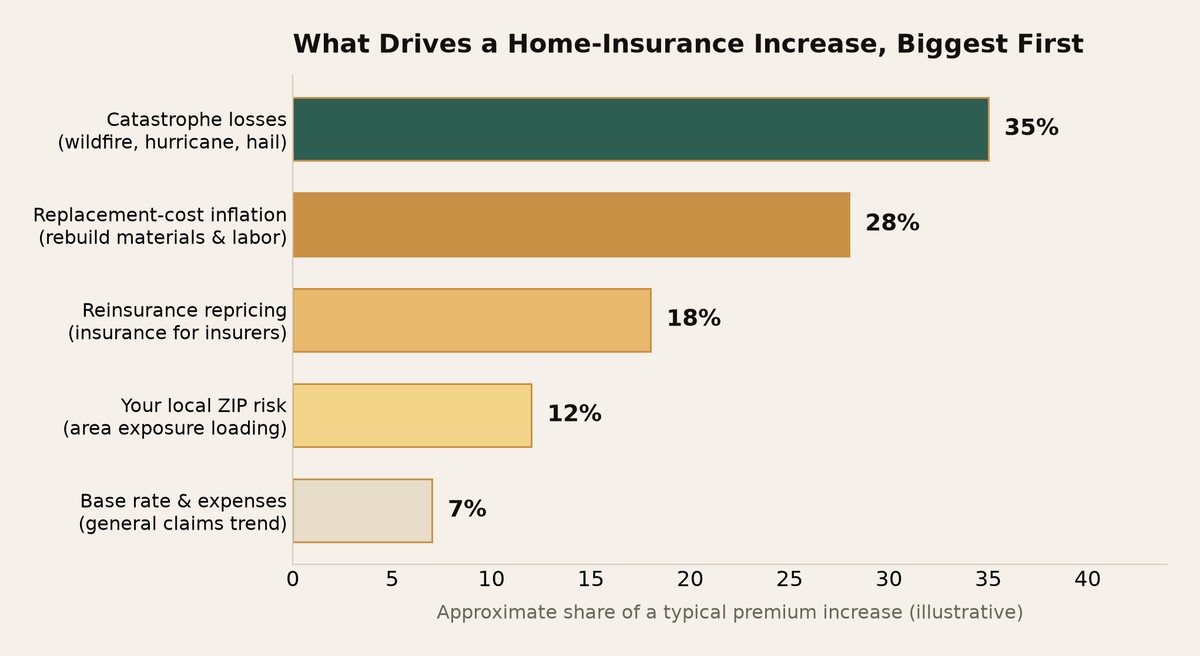 Ranked bar chart of what drives a home insurance premium increase, with catastrophe losses largest