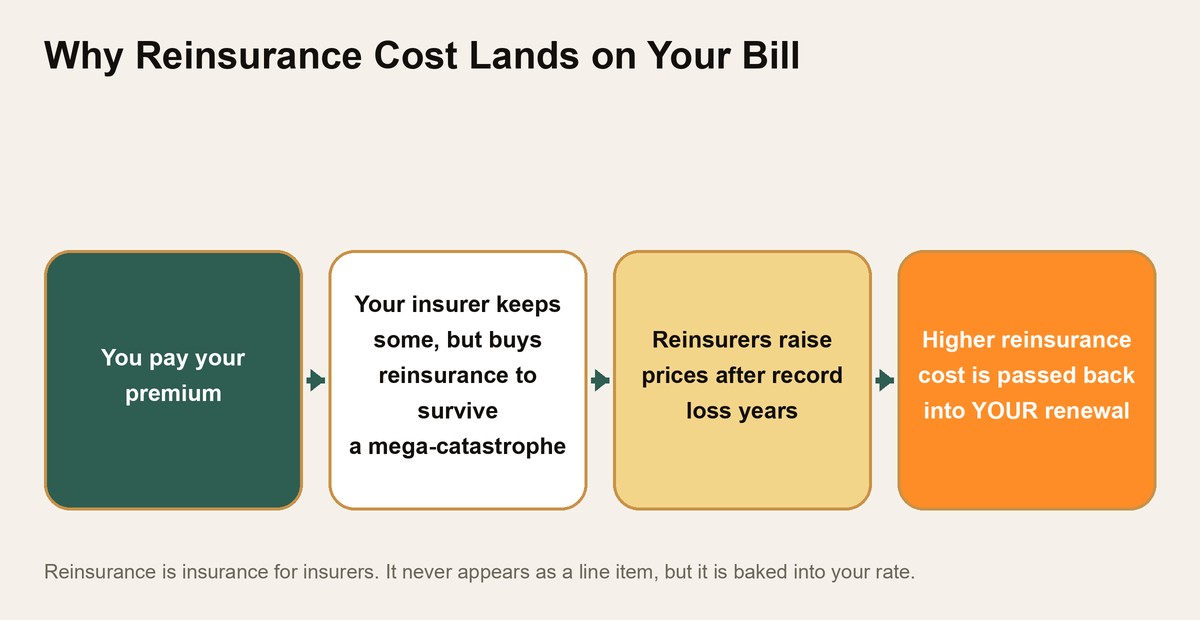 Diagram showing how rising reinsurance costs pass from reinsurers through insurers into your home insurance premium