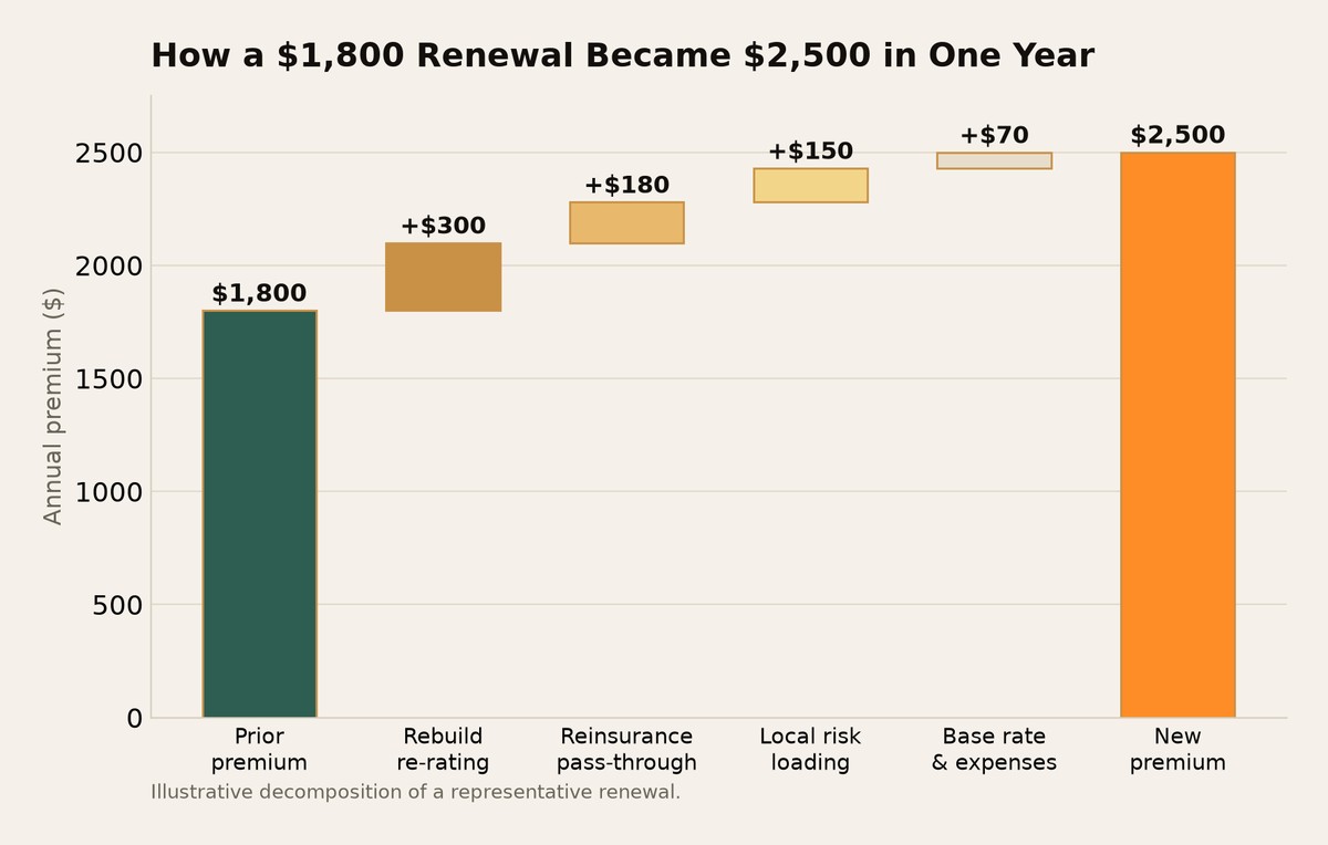 Waterfall chart decomposing a home insurance renewal from $1,800 to $2,500 by cause